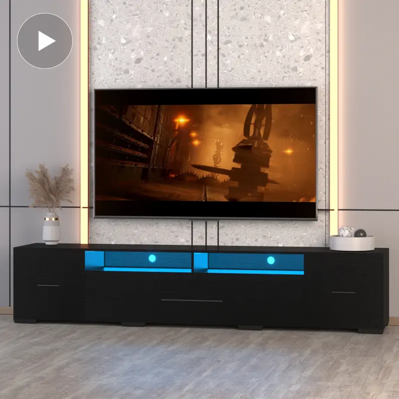 TV Console with Storage Cabinets, Remote, APP Control Long LED TV Stand, Full RGB Color Selection, 31 Modes Changing Lights Modern Entertainment Center with Power Cord (Black, for 80 inches)(High end and high-quality)