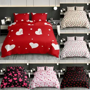 3pc red and white heart-shaped polka dot bedding set, Breathable duvet set, includes 1 duvet cover & 2 pillowcases, without a core, with multiple sizes, suitable for bedrooms, dormitories, guest rooms