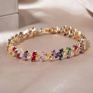 1pc Boho Elegant Copper Bracelet with Multicolor Glass Gemstones, Women'S Chain Link Watch Band, Versatile Jewelry for Daily Wear and Parties, All-Season Accessory(Sheets)