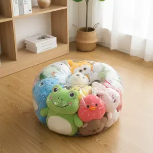 Diy Small Clear Ottoman Cover Multi-Functional Plush Toy Storage Stuffed Doll Organizer with Zipper Space-Saving Decorative Footstool Slipcover for Bedroom Playroom