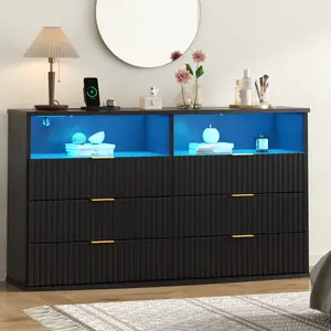 Fluted 6 Drawer Dresser with LED Lights, Wide Modern Chest of Drawers with Power Outlet & Curved Top,Black Double Dresser