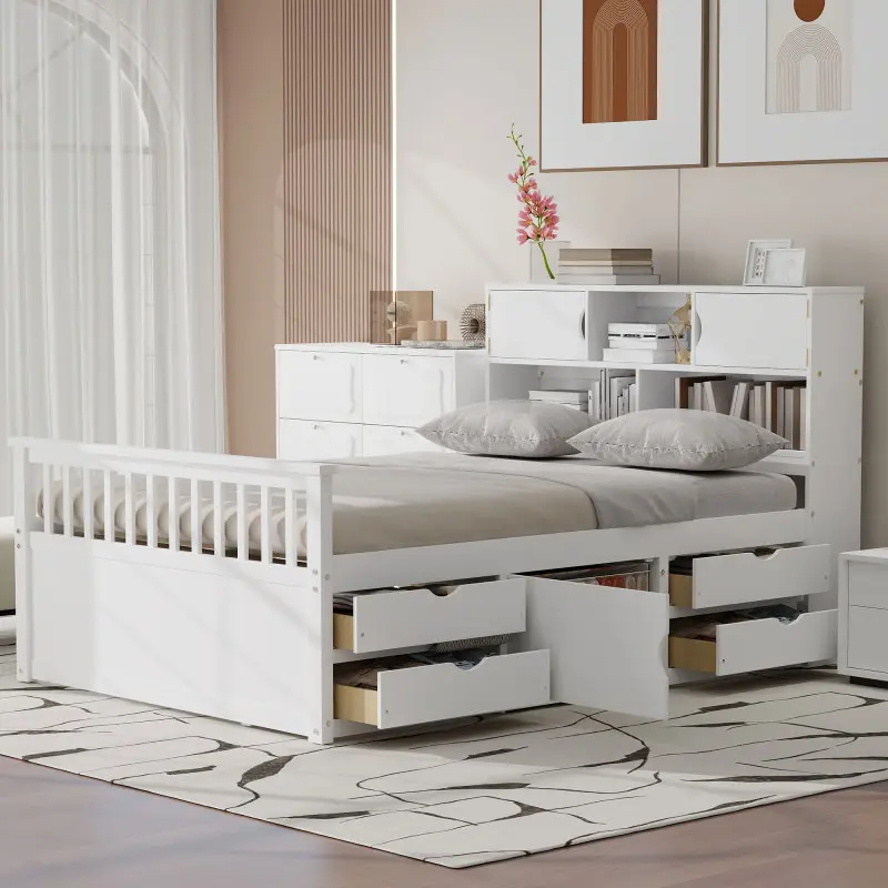 Full Size Captain Bed Frame with Storage Bookcases Headboard and Shelves, Four Drawers, Wood Platform Bed with Slats, No Box Spring Needed, White