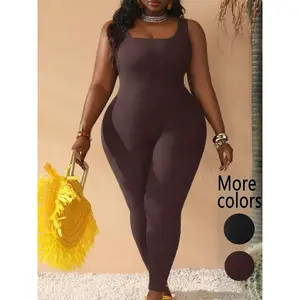 Plus Size 1-Piece Women’s Square Neck Sleeveless Bodycon Jumpsuit, Trendy Casual Style, Stretch Knit Fabric & Figure-Flattering Fit, Sleeveless Square Neck Design, For Curvy Fashionistas, Perfect for Summer Streetwear, Beach Vacations