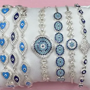 925 Sterling silver Evil eye Elegant Blue Beaded Bracelet with Adjustable String and Silver Tone Clasp for Everyday Wear