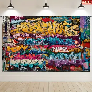 Vibrant Hip Hop Graffiti Party Background Banner, Colorful Polyester Wall Decor, Abstract Design, Home Room Activity Decoration