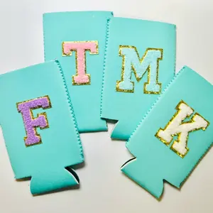 Skinny Personalized Can Cooler Kozie with Letter Patch - Blue or Pink Design Featuring Pink, Blue, White, or Purple Letter Patches, Ideal for Drinkware