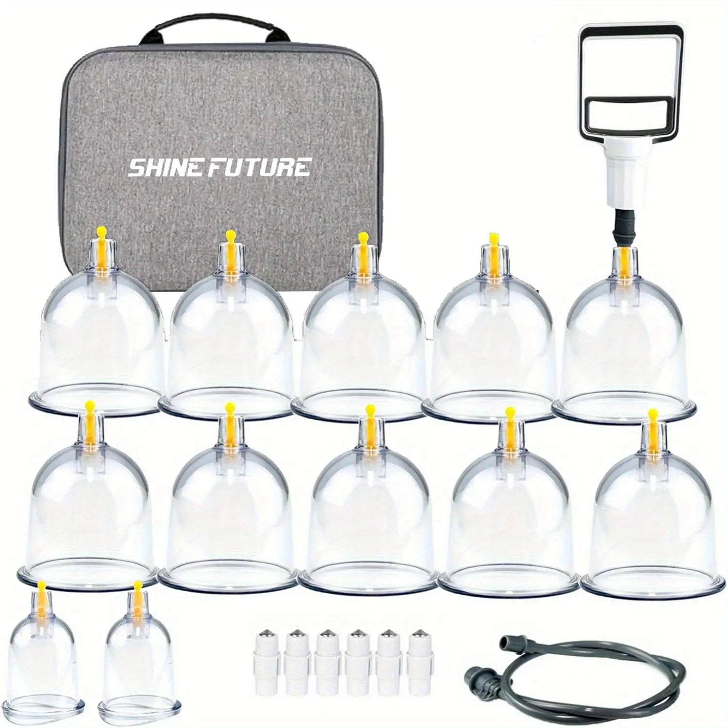 A Set of 12 Cupping Cups in a Box, Complete with a Hand Pump And an Extensive Manual, Designed for Various Sizes of Vacuum Cups. This Massage Cupping Kit Is Ideal for Massage Therapists And Comes As a Portable Kit with a Vacuum Suction Device