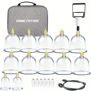A Set of 12 Cupping Cups in a Box, Complete with a Hand Pump And an Extensive Manual, Designed for Various Sizes of Vacuum Cups. This Massage Cupping Kit Is Ideal for Massage Therapists And Comes As a Portable Kit with a Vacuum Suction Device