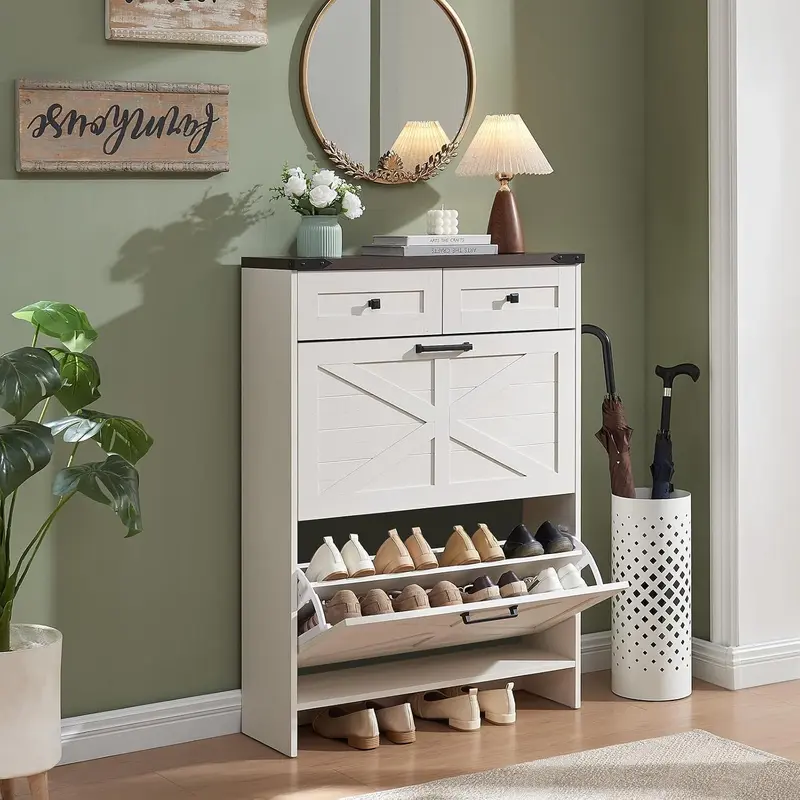 Farmhouse Shoe Storage Cabinet with 2 Hidden Flip Drawers & 2 Drawers – Narrow Freestanding Shoe Rack Organizer with Adjustable Shelves for Entryway