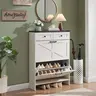 Farmhouse Shoe Storage Cabinet with 2 Hidden Flip Drawers & 2 Drawers – Narrow Freestanding Shoe Rack Organizer with Adjustable Shelves for Entryway