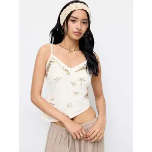 Cider V-neck Embroidered Starfish Graphic Crop Cami Top
