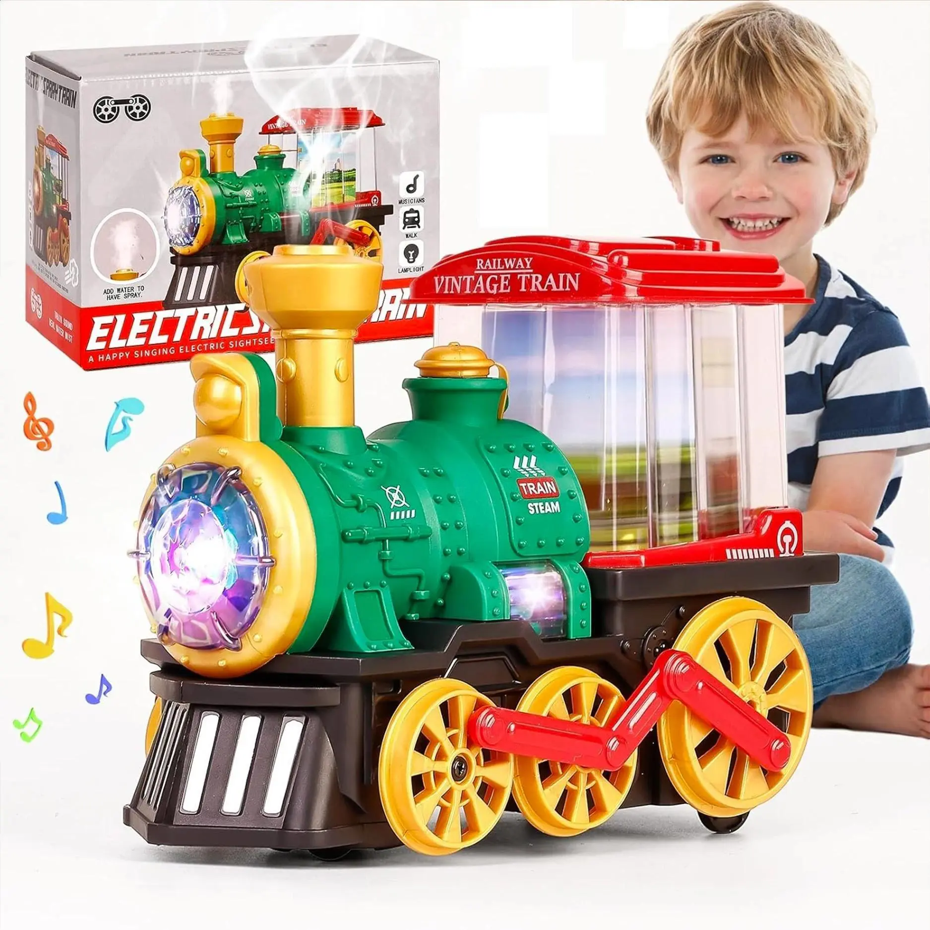 Electric Steam Train Toy, Crash Truck with Steam Locomotive, Smoke, Lights and Sounds, 360 Degree Rotating Christmas Train Truck