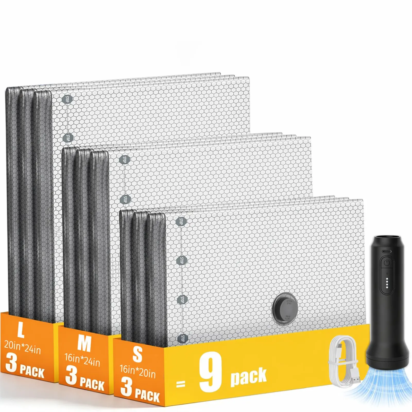 15 pcs Rechargeable Hand Pump Vacuum Compression Storage Bags, Airtight Reusable Waterproof Space Saver Bags for Travel Carry-On Suitcases Clothing Storage
