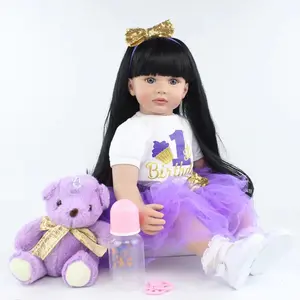 22 Inch Soft Silicone Doll Real Princess Doll, Full Body Resurrection Girl with Long Hair Purple Dress and Accessories, High End Paint Features - Great for Birthdays, Christmas Gifts and Collectors, Perfect Gift Toy