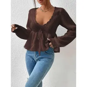 Scallop Trim Plunge Neck Sweater, Elegant Long Lantern Sleeve Drawstring Waist Flare Sweater For Fall & Winter, Women's Clothing