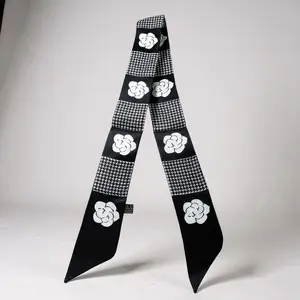White Flower Black Polyester Scarf Twilly with Elegant Floral Design and Classic Houndstooth Pattern