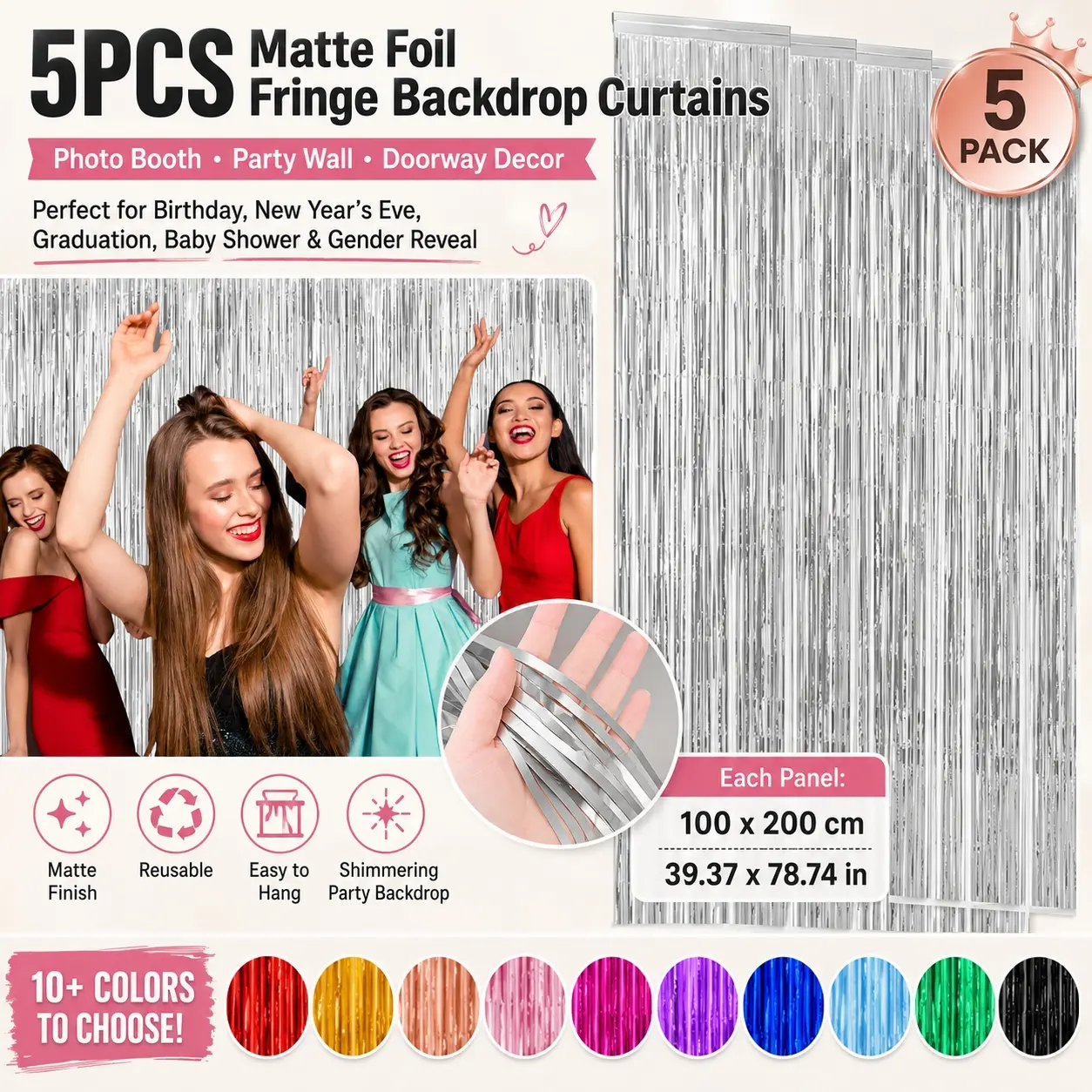 5pcs Matte fringed background curtain Rainbow Silver Foil Fringe Backdrop Curtains Tinsel Streamers Birthday Party Decorations, Fringe Backdrop for New Years Eve Graduation Baby Shower, Gender Reveal，Unicorn Party Decorations