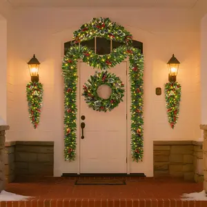Gaomon 6-Piece Lightweight Pre-Lit LED Artificial Christmas Decor Kit - 2 Long Units, 2 Teardrop Ornaments, 1 Door Wreath, 1 Arc Unit with Pine Cones, Berries, Ideal Gift for Indoor Use, Six-Piece
