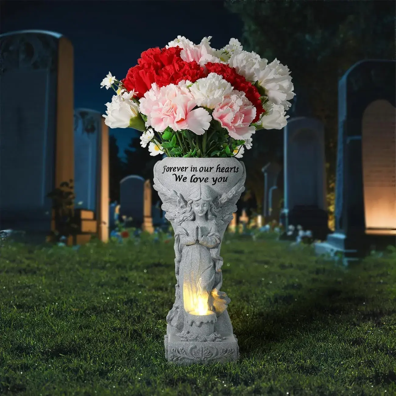 Grey Solar Decorative Vase for Grave, Headstone Tomb Decoration Grave Flower Holder, Praying Angel Garden Stake Sculpture with Solar Candle Light, Memorial Sympathy Gift, No Ground Spike