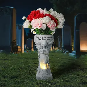 Solar Cemetery Vase for Grave, Grave Flowers Holder for Headstone Tomb Decoration, Praying Angel Garden Stake Sculpture with Solar Candle Light, Memorial Sympathy Gift, No Ground Spike, Grey
