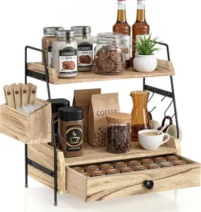 Coffee-Bar-Station-Organizer Shelf With Drawer for Countertop, multi-purpose 2 Tier Kitchen Counter Shelf Riser, bathroom Wooden Spice Rack Organizer, Coffee Bar Accessories storage durable makeup multi-function