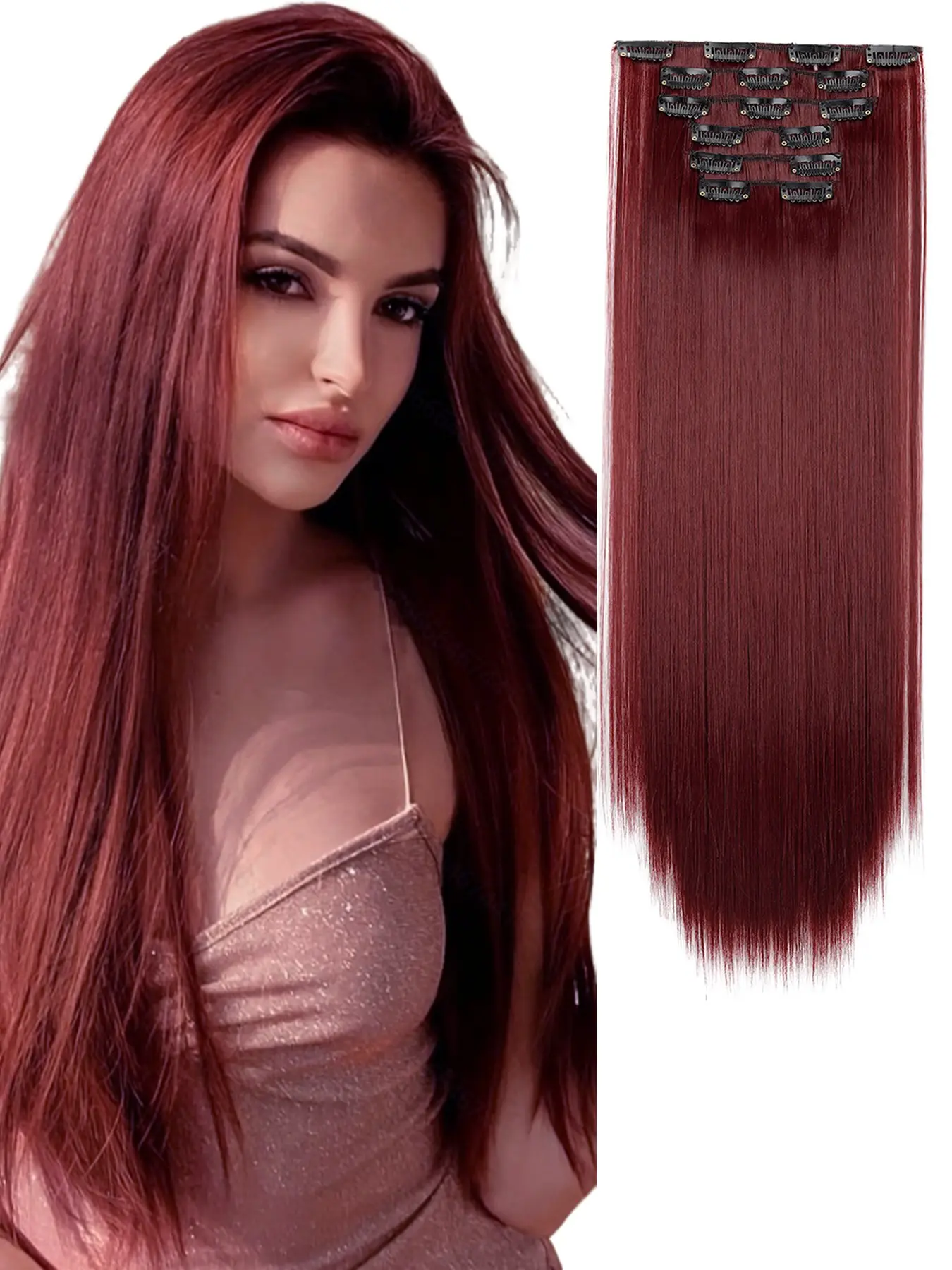 6-Piece Long Straight Hair Extensions Clips, Full Head Coverage, Heat-Resistant Heat Friendly Synthetic Fiber, Suitable for Women Daily Use (wine ), Synthetic Hairpieces