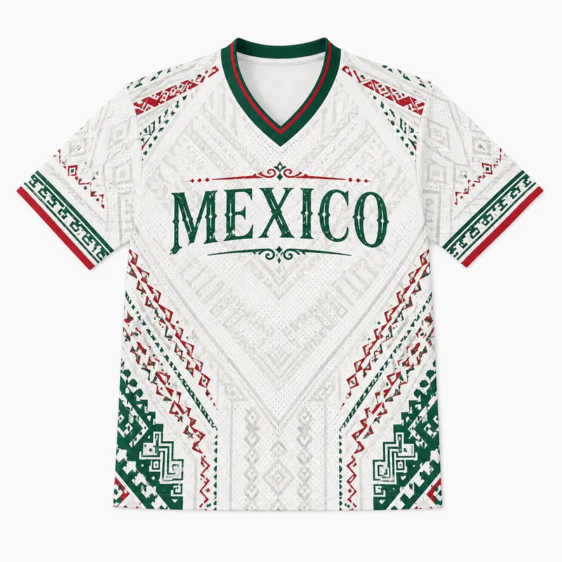 Men's V-Neck Short-Sleeve Graphic T-Shirt - Mexican-Inspired Heritage Motifs, Lightweight Cool Mesh, Breathable Men's Shirts for Summer Streetwear, Cultural Flair Tee, Graphic Clothing