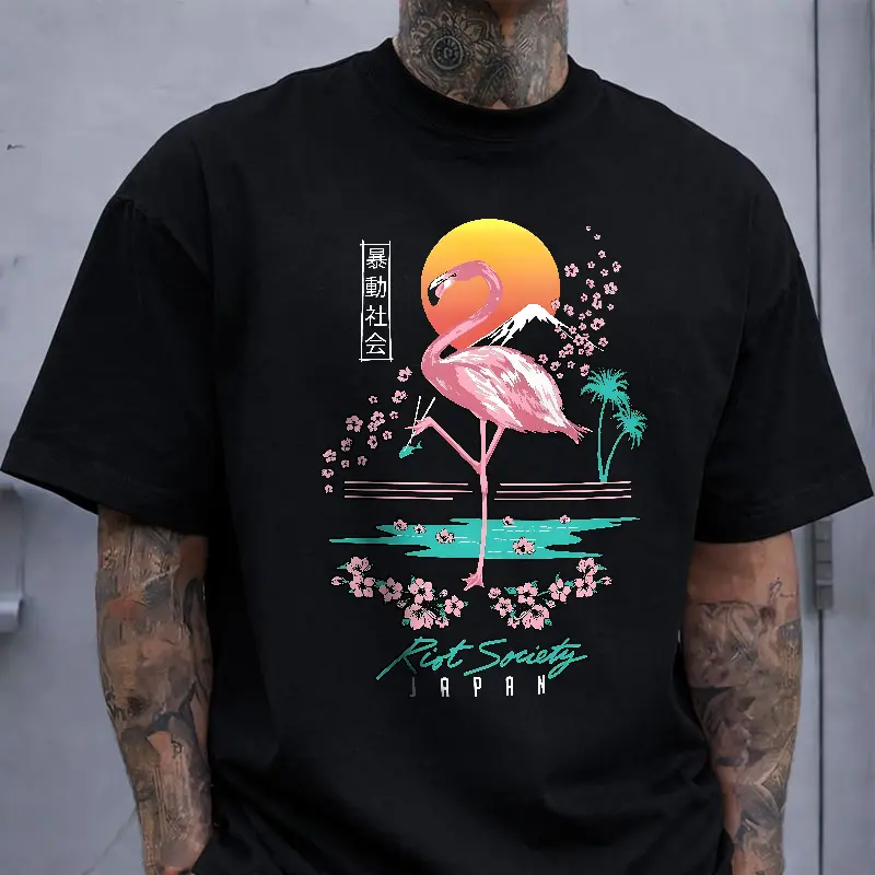 Flamingo Japanese Retro T-Shirt, Riot Society Asian Culture Casual Top