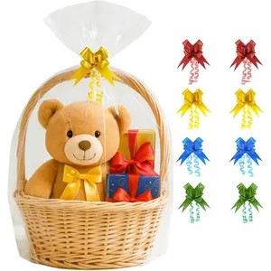 7-Pack 40x50 Inch Clear Cellophane Bags with 8 Colorful Pull Bows, Cellophane Wrap for  Baskets,  Showers, , and Charity Auctions