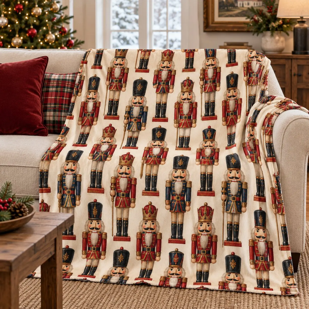 Nutcracker Christmas Throw Blanket, Vintage Wooden Soldier Print, Soft Flannel Holiday Blanket for Couch Sofa Bed, Classic Red Green or Neutral Farmhouse Christmas Decor, Cozy Winter Gift, Black Friday Deals