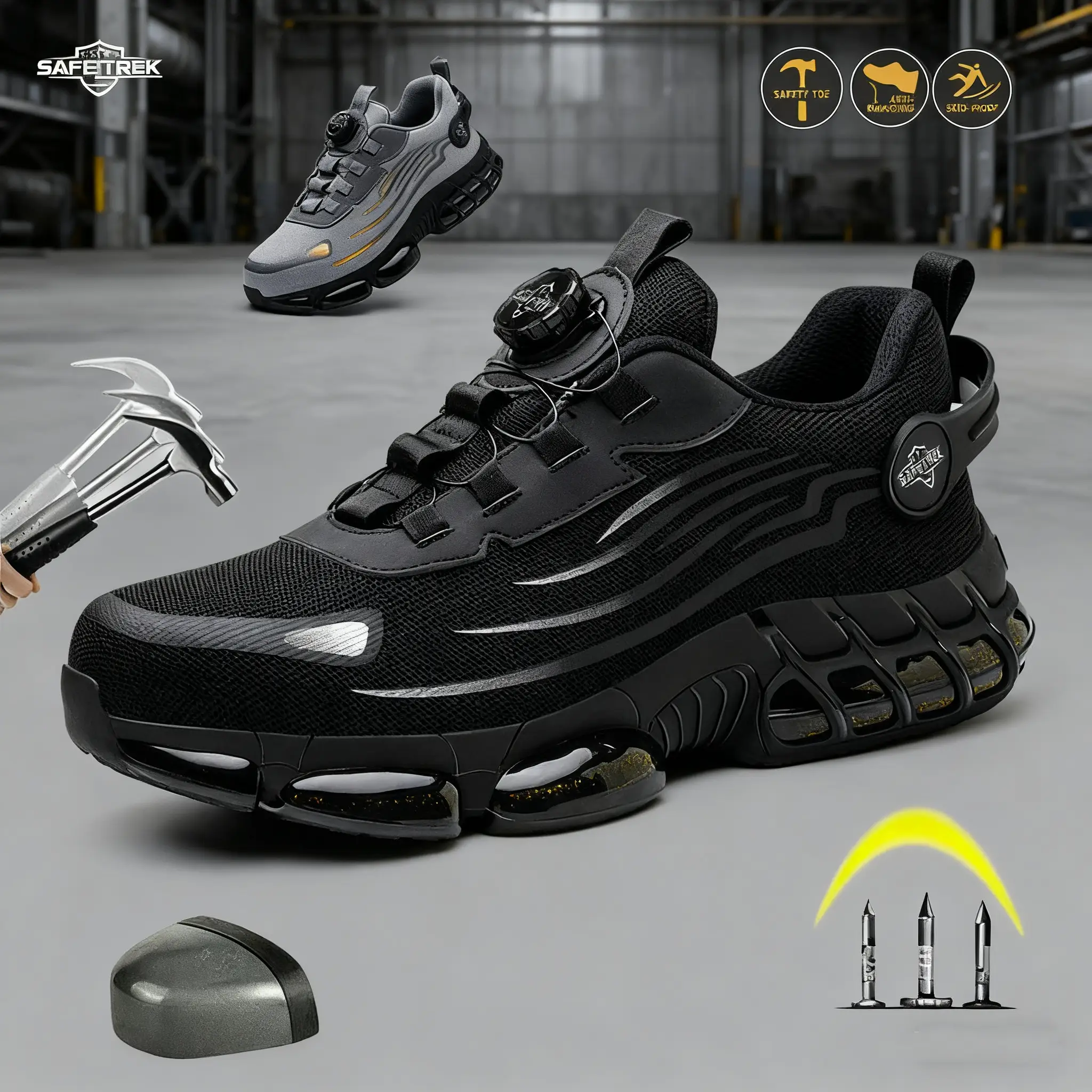 SAFETREK Men's Steel Toe Safety Shoes, All-Season Work Sneakers, Non-Slip, Rotating Buckle. Features anti-puncture EVA sole and breathable closed mesh