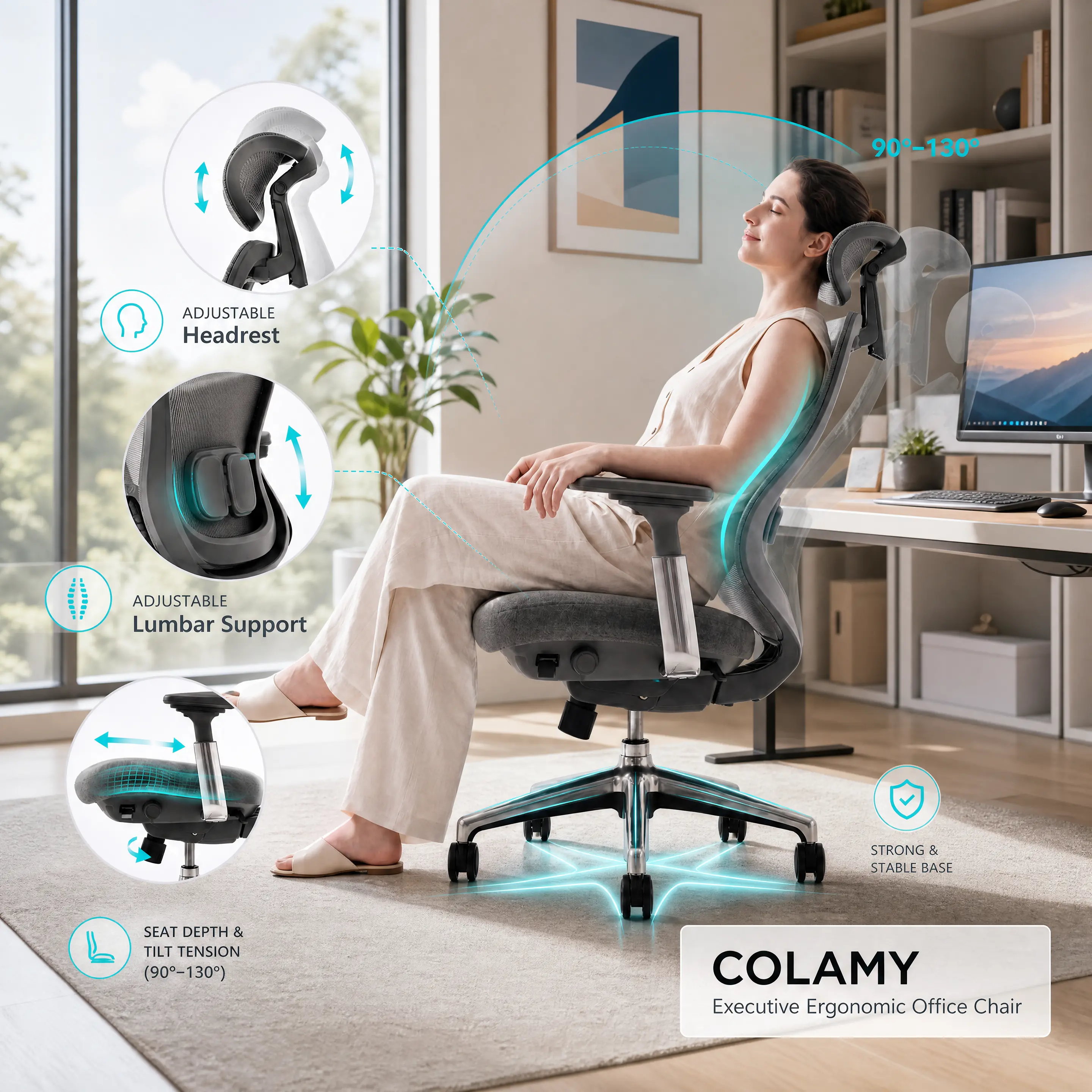 COLAMY Executive Ergonomic Office Desk Chair - Premium High-Back, Adjustable Lumbar Support, for Home Office, Corporate Workspace
