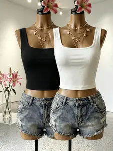 Basic Square Neck Striped Halter Top, American Style Sexy Slim Fit Short Waist Revealing Top, Two Pieces Set, Plain Pattern