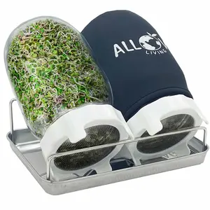 Allove Living Complete Sprouting Kit - Easy-to-Use, Durable Broccoli & Microgreens Starter Kit with Stainless Steel Lids, Stainless Steel Stand, Blackout Sleeves, and Metal Tray