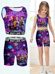 Girls Kpop Series Vest Shorts Set, Cyber Neon Q Version Cartoon Print, Summer Yoga Short Pants Two-Piece, Casual Street Style