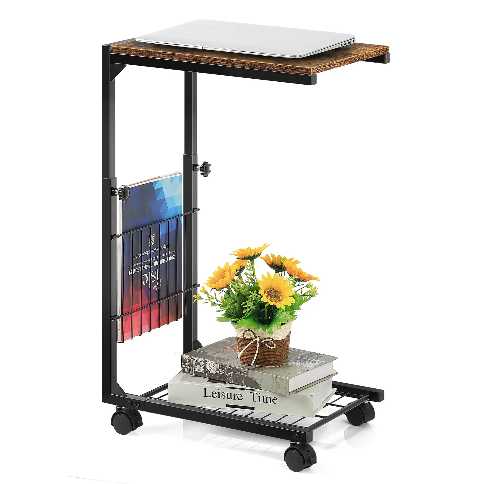 Rolling Height‑Adjustable Bedside Table, Dual‑Use Console & Sofa Side Table with Storage Basket for Bedroom, Living Room,sohochic