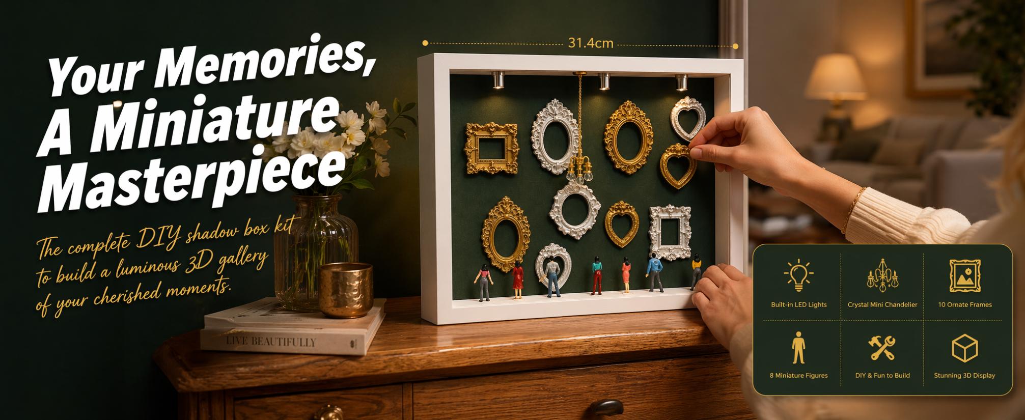 Mini Museum Shadow Box DIY Frame Kit with Pull-Out Acrylic Panel, LED Spotlights, Mini Figures & Vintage Frames, Creative Room Decor Memory Display Box