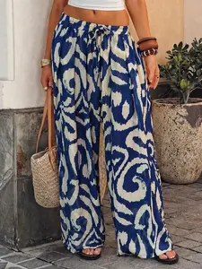 Viral Boho Wide Leg Print Casual Pants Women High Waist Drawstring Flowy Loose Summer Beach Outfit