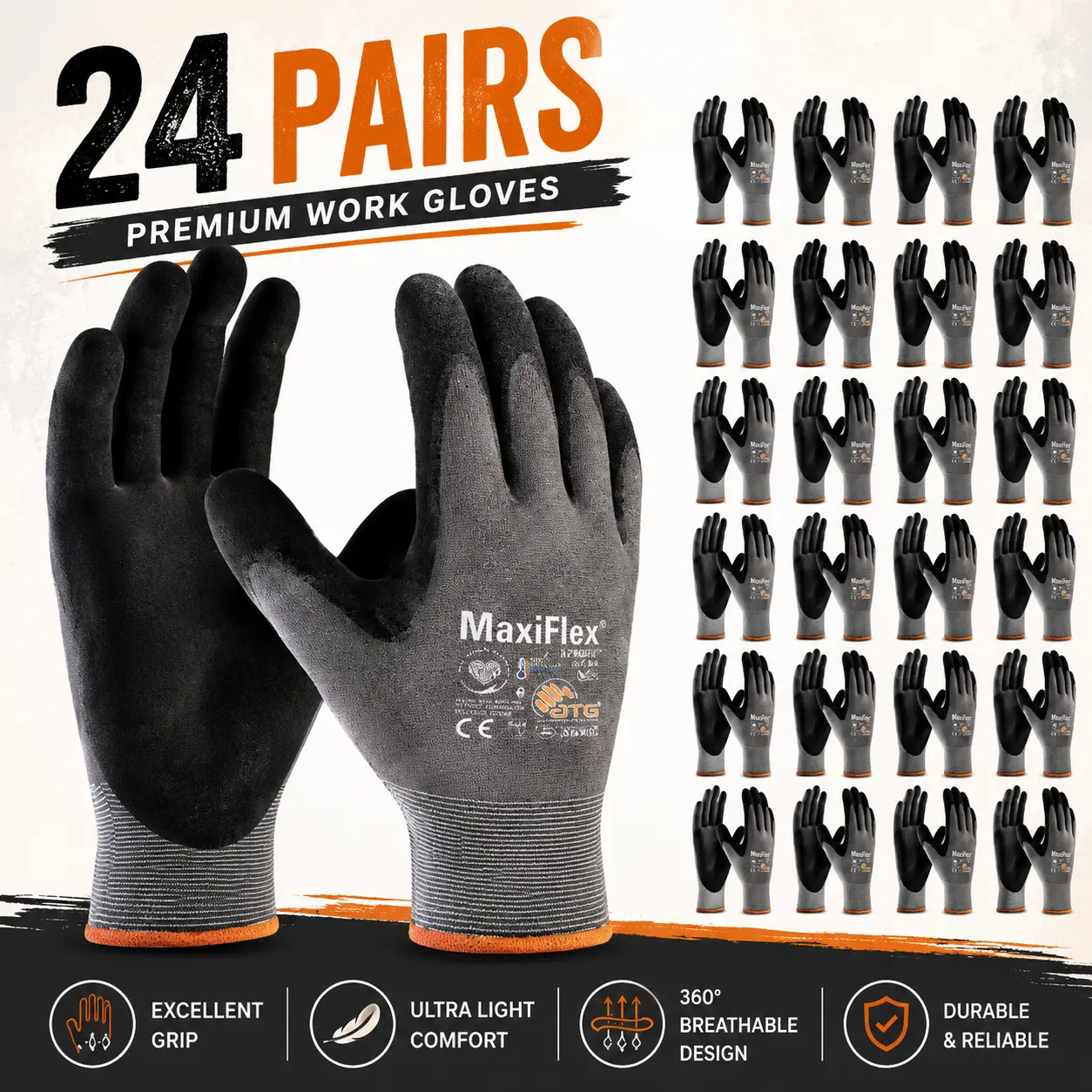 24 Pairs MaxiFlex Ultimate Foam Nitrile Palm Coated Gloves – Breathable Lightweight Work Gloves with Superior Grip & Comfort
