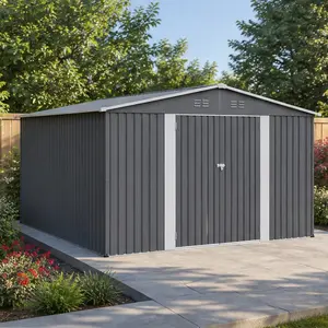 ARCH 12x14 FT Outdoor Metal Storage Shed, Large Garden Tool Shed with Lockable Double Doors, Waterproof Yard Building for Patio Lawn Backyard, Light Gray Steel Utility House for Bike Trash Can, Windproof Ground Stakes, 10-Year Durability
