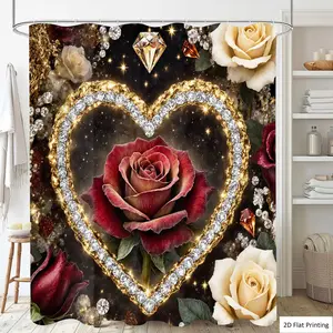 1/3/4PCS Valentine's Day Image with Roses Diamonds and Heart Shower Curtain Set with Rugs, Non Slip Bath Mat, U-Shape Carpet, Toilet Lid Cover, Bathtub Curtain Accessories, 12 Hooks, Home Bathroom Festival Dec, Room Decor
