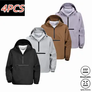 4-pack men’s half-zip hooded pullover softshell jackets, lightweight breathable fabric with slight stretch, waterproof front zippered pocket, drawstring hood brim cuffs, windproof jacket for outdoor commuting, available in multiple colors