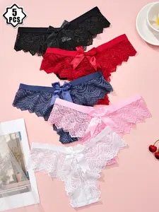 5pcs Women's Lace Patchwork Thongs, Panties, Sexy Fashion Elegant Feminine Underwear, Cute Bowknot Design, Light Soft Stretchy Elastic, All Seasons Wear