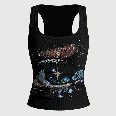 American Vintage Print Tank Top, Street Style U Neck Sleeveless Top, Perfect for Casual, Layering, and Social Gatherings, Streetwear