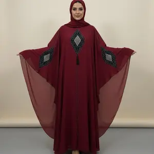 Dubai Umbrella Style Abaya with Stone Embroidered Maroon Color and Elegant Design for Women