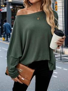 women's plain waffle knit tee, casual batwing sleeve t-shirt for spring & fall, women's top for daily wear