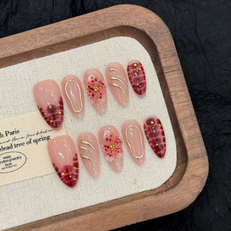 Medium Length Almond 3D Flower Press on Nails, Handmade Reusable False Nail, Christmas Nail