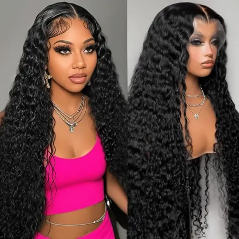 13x6 Curly Human Hair Wig 200 Density Deep Wave Lace Front Wigs Human Hair Pre Plucked  HD Transparent Wet and Wavy Human Hair Wig Brazilian Glueless Frontal Wigs Human Hair for Women