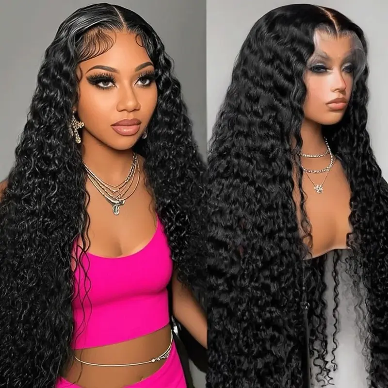 13x6 Curly Human Hair Wig 200 Density Deep Wave Lace Front Wigs Human Hair Pre Plucked  HD Transparent Wet and Wavy Human Hair Wig Brazilian Glueless Frontal Wigs Human Hair for Women