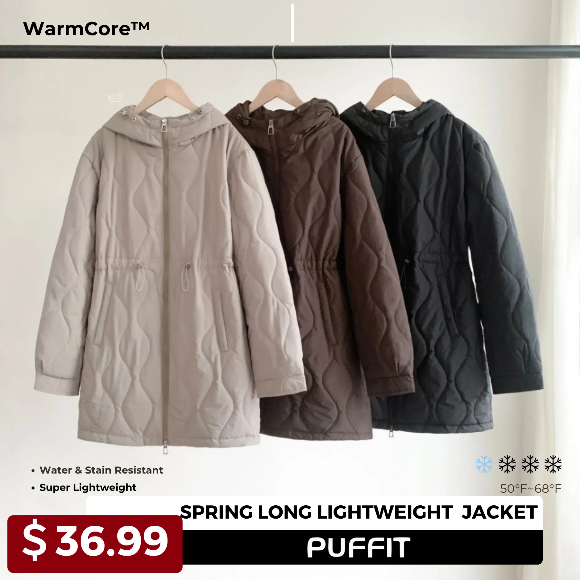 PUFFIT WarmCore Premium Lady Longline Lightweight Gourd Machine Washable Quilted Coat  Water Repellent and Stain-Resistant Adjustable Drawstring Waist,Chic Comfort Versatile Spring Fall Jacket